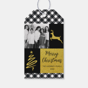Black and White Buffalo Plaid Gold Holiday Photo Gift Tags
