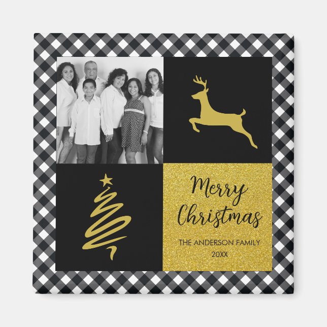 Black and White Buffalo Plaid Gold Holiday Photo Magnet (Front)