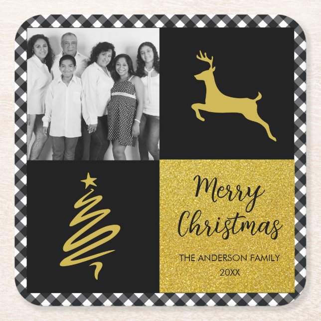 Black and White Buffalo Plaid Gold Holiday Photo Square Paper Coaster (Front)