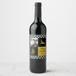 Black and White Buffalo Plaid Gold Holiday Photo Wine Label