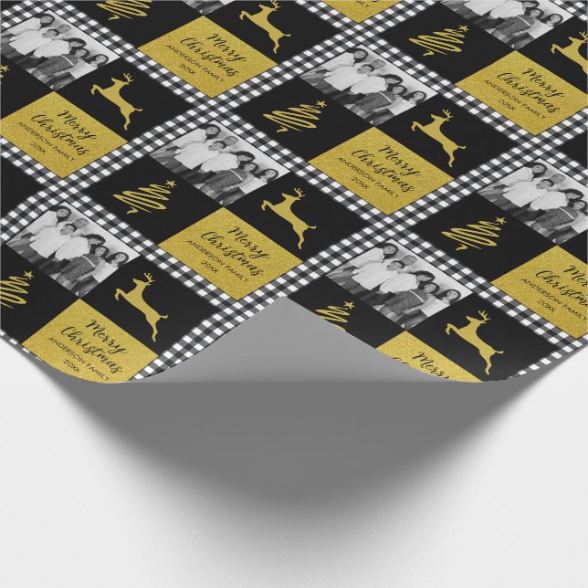 Black and White Buffalo Plaid Gold Holiday Photo Wrapping Paper (Corner)