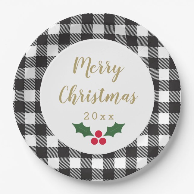 Black and White Buffalo Plaid Holly Christmas Paper Plate (Front)