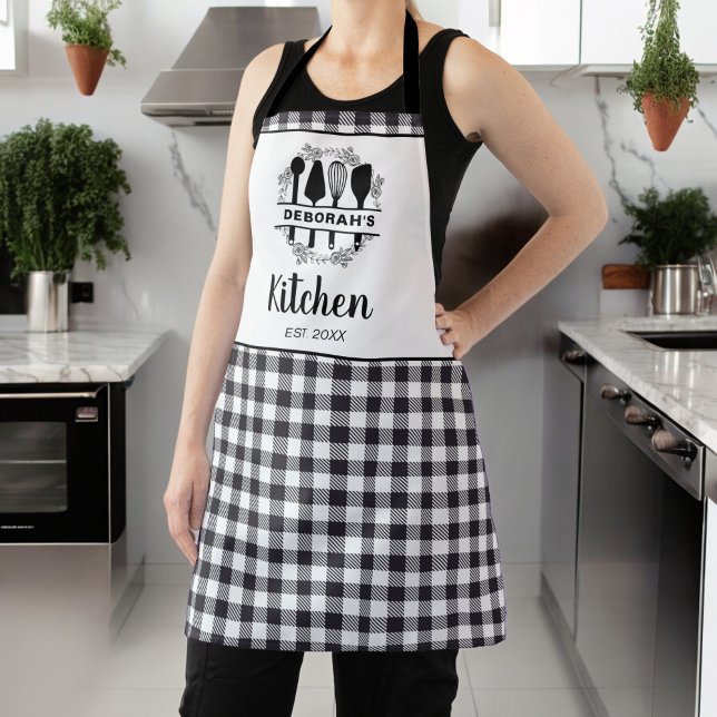 Black and White Buffalo Plaid Kitchen Name Apron (Creator Uploaded)