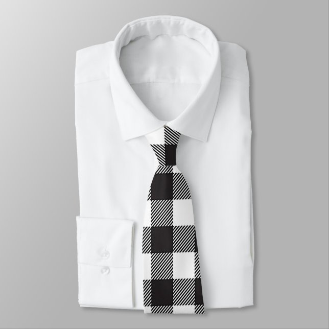 Black and White Buffalo Plaid Men's Tie (Tied)