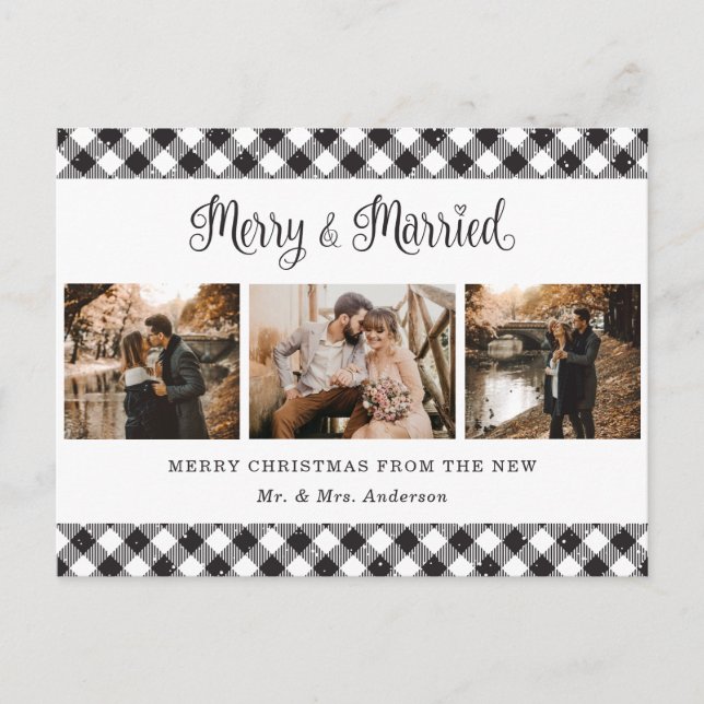 Black and White Buffalo Plaid Merry and Married Holiday Postcard (Front)