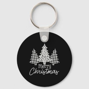 Black And White Buffalo Plaid Merry Christmas Xmas Key Ring