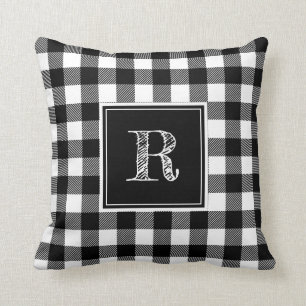 Black and White Buffalo Plaid Monogram Cushion