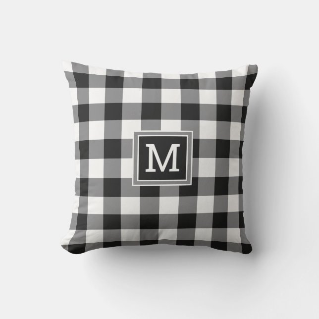 Black And White Buffalo Plaid Monogram Farmhouse Cushion (Front)
