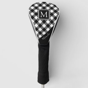 Black and White Buffalo Plaid Monogram Name Golf Head Cover