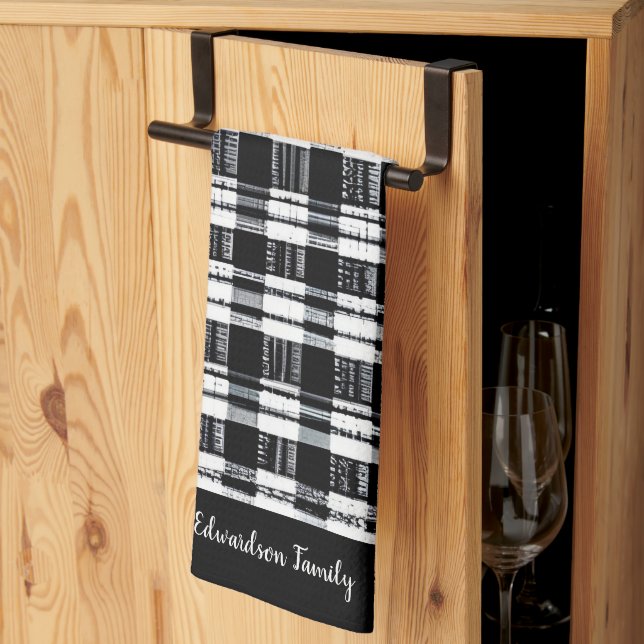 Black and white buffalo plaid monogram name tea towel (Thirds Fold)