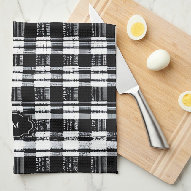 Black and white buffalo plaid monogrammed tea towel (Quarter Fold)