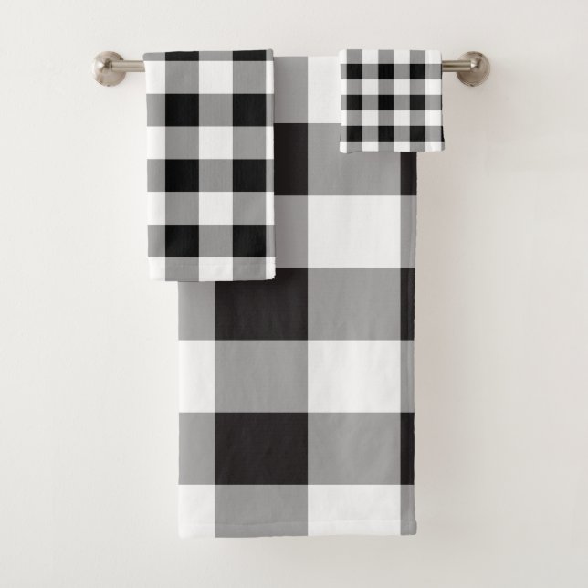 Black and White Buffalo Plaid Pattern Modern Bath Towel Set (Insitu)
