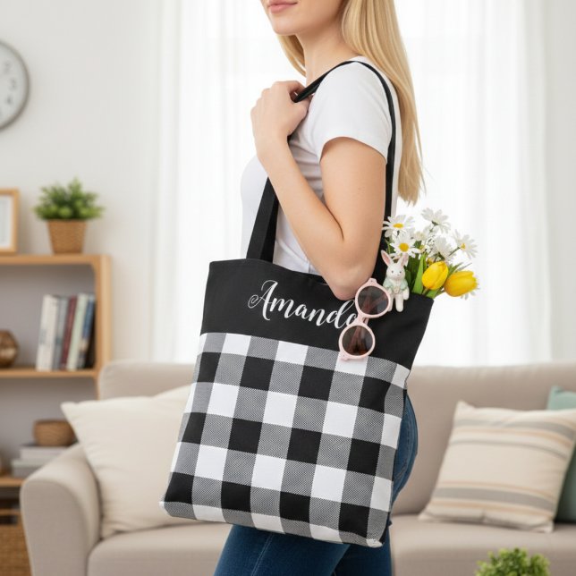 Black and White Buffalo Plaid Personalised  Tote Bag (Black and White Buffalo Plaid Personalized Tote Bag, spring/ summer.  Add your name or special text.)