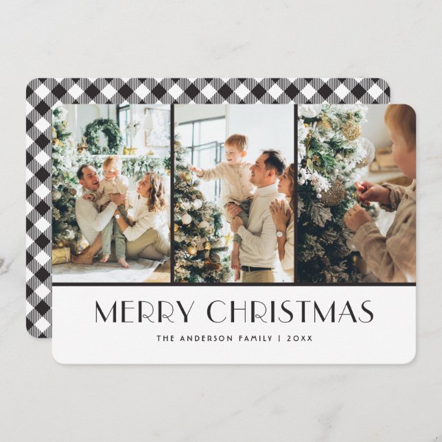 Black and White Buffalo Plaid Photo Christmas Holiday Card (Front/Back)