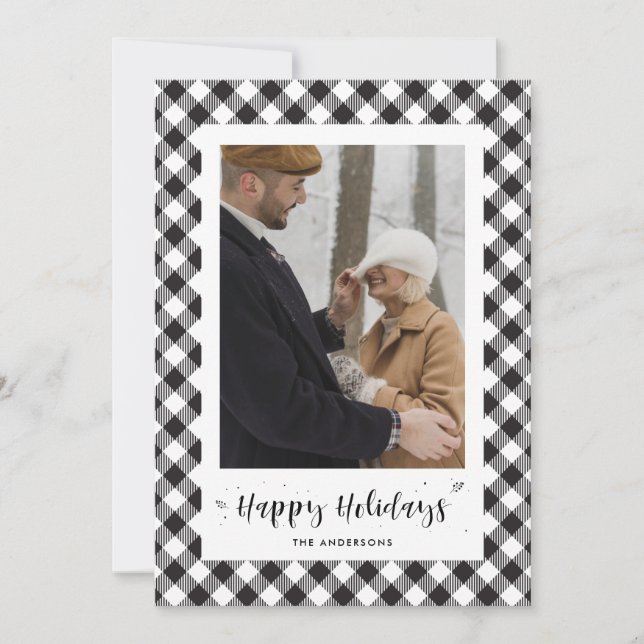 Black and White Buffalo Plaid Photo Holiday Cards (Front)