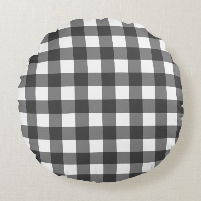 Black And White Buffalo Plaid Round Cushion (Front)