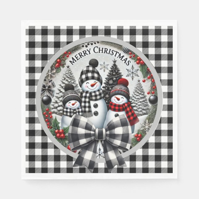 Black And White Buffalo Plaid Snowmen Paper Plate Napkin (Front)