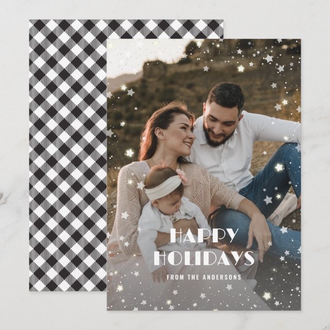 Black and White Buffalo Plaid Starry Photo Holiday Card (Front/Back)