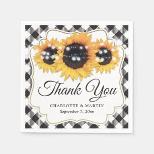 Black and White Buffalo Plaid Sunflower Wedding Napkin