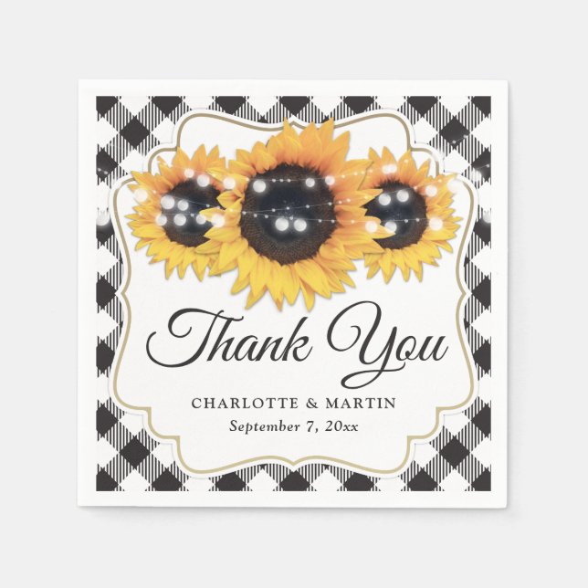 Black and White Buffalo Plaid Sunflower Wedding Napkin (Front)