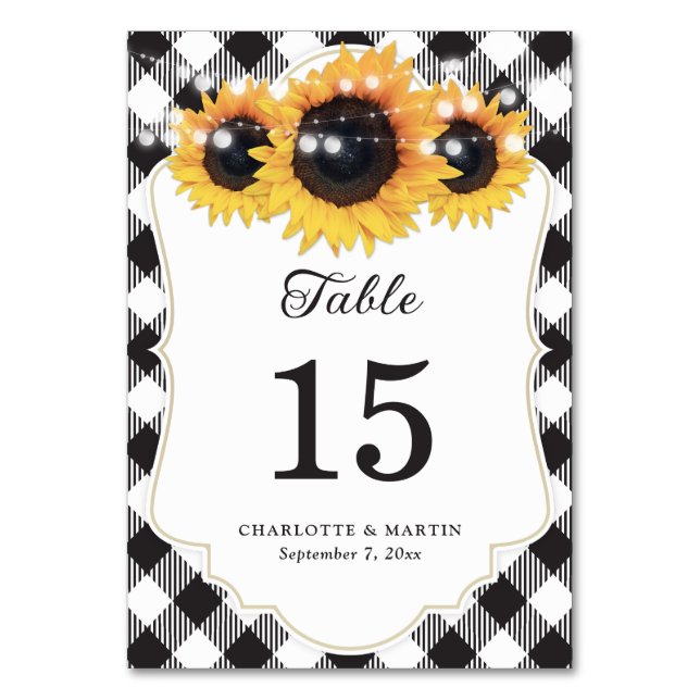 Black and White Buffalo Plaid Sunflower Wedding Table Number (Front)