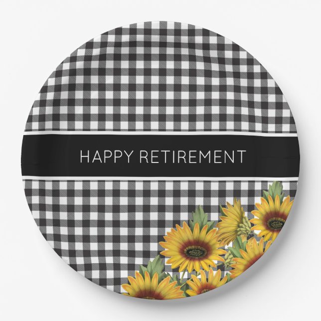 Black and White Buffalo Plaid Sunflowers Paper Plate (Front)