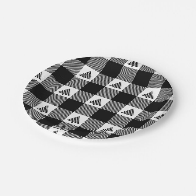 Black and White Buffalo Plaid with Christmas Trees Paper Plate (Angled)