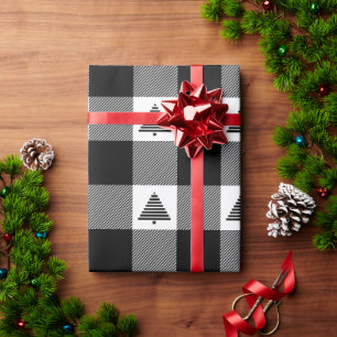 Black and White Buffalo Plaid with Christmas Trees Wrapping Paper
