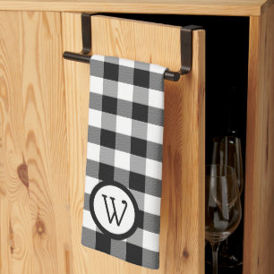Black and White Buffalo Plaid with Monogram Tea Towel