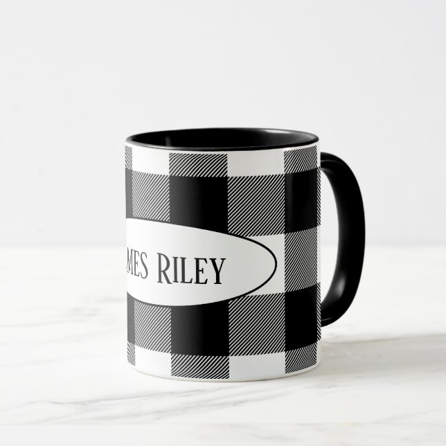 black and white buffalo plaid with name mug (Front Right)