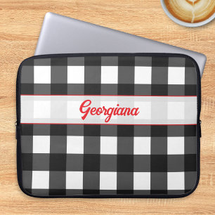 Black and White Buffalo Plaid with Red Script Name Laptop Sleeve