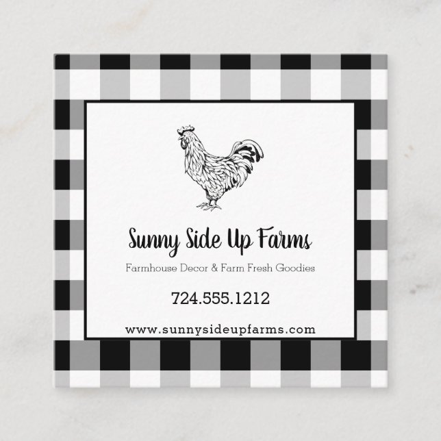 Black and White Buffalo Plaid with Rooster Square Business Card (Front)