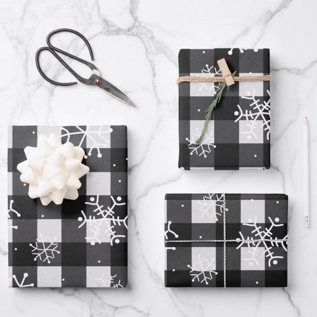 Black and White Buffalo Plaid with Snowflakes Wrap Wrapping Paper Sheet (Front)