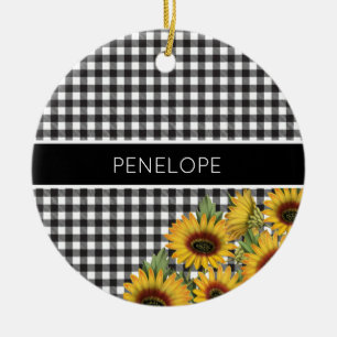 Black and White Buffalo Plaid Yellow Sunflowers Ceramic Tree Decoration