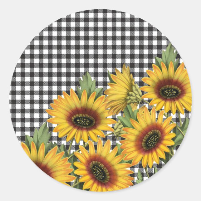 Black and White Buffalo Plaid Yellow Sunflowers  Classic Round Sticker (Front)
