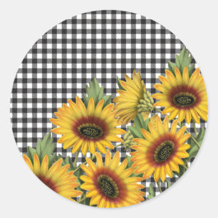 Black and White Buffalo Plaid Yellow Sunflowers Classic Round Sticker