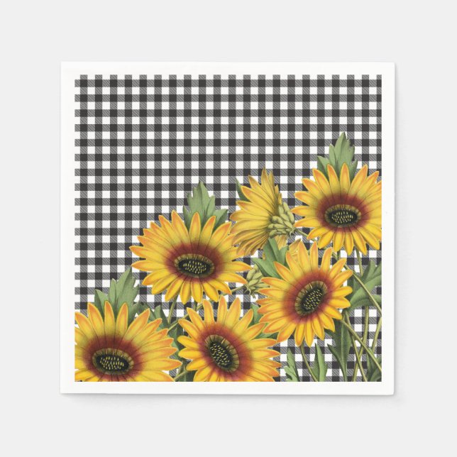 Black and White Buffalo Plaid Yellow Sunflowers Napkin (Front)