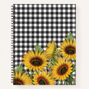 Black and White Buffalo Plaid Yellow Sunflowers Notebook