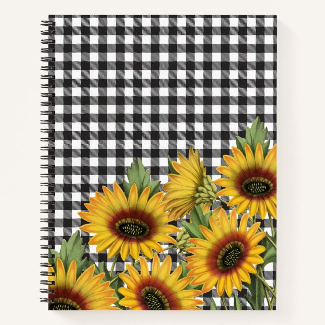 Black and White Buffalo Plaid Yellow Sunflowers Notebook (Front)