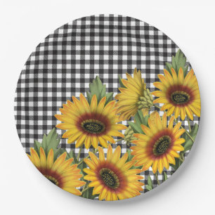 Black and White Buffalo Plaid Yellow Sunflowers Paper Plate