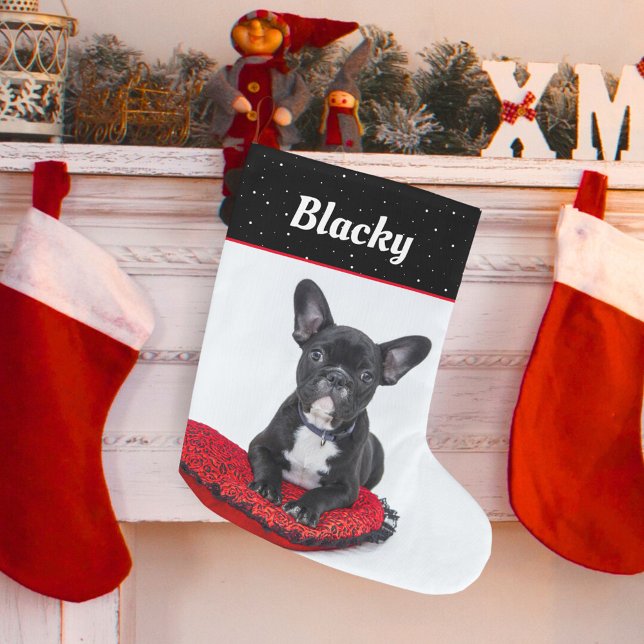 Black and White Bulldog Puppy Name and Photo Large Christmas Stocking (Creator Uploaded)