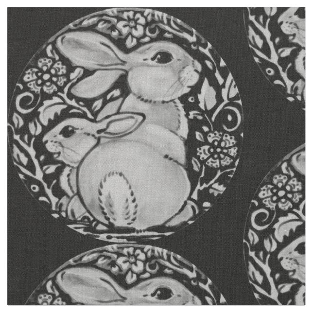 Black and White Bunny Rabbit Fabric Grey Medallion (Close Up)