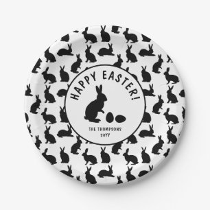 Black And White Bunny Shapes Modern Easter Paper Plate