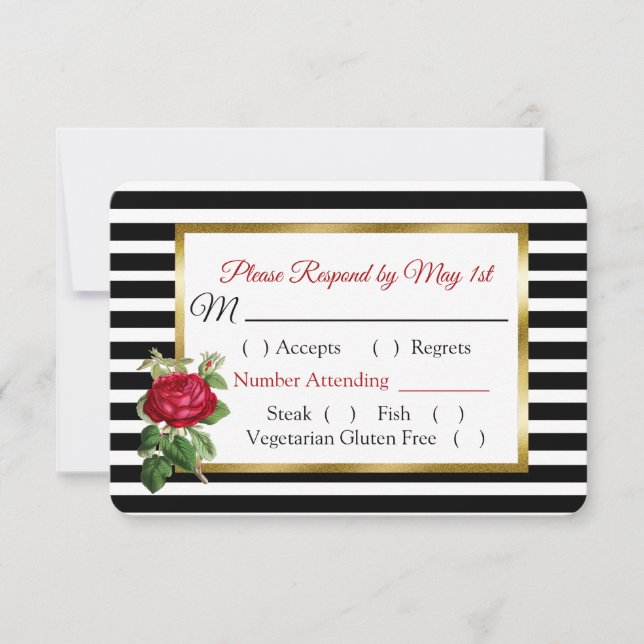 Black and White Burgundy Rose Wedding RSVP card (Front)