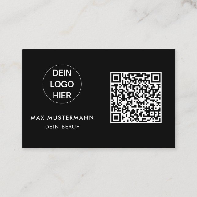Black and white business card with logo and QR cod (Front)