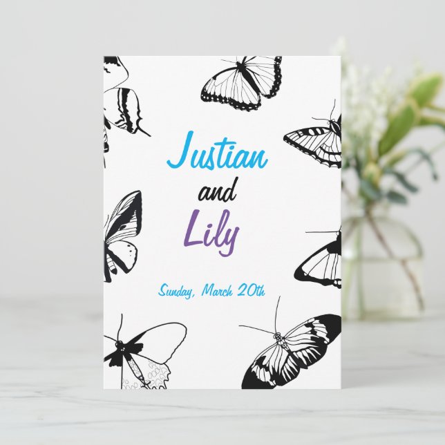 Black and White Butterflies Invitation (Standing Front)
