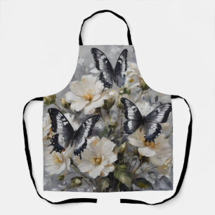 Black And White Butterflies On White Flowers, Apron