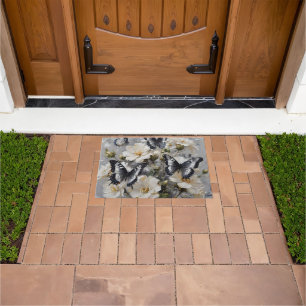Black And White Butterflies On White Flowers, Doormat