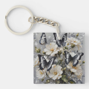 Black And White Butterflies On White Flowers, Key Ring