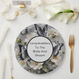 Black And White Butterflies On White Flowers, Paper Plate